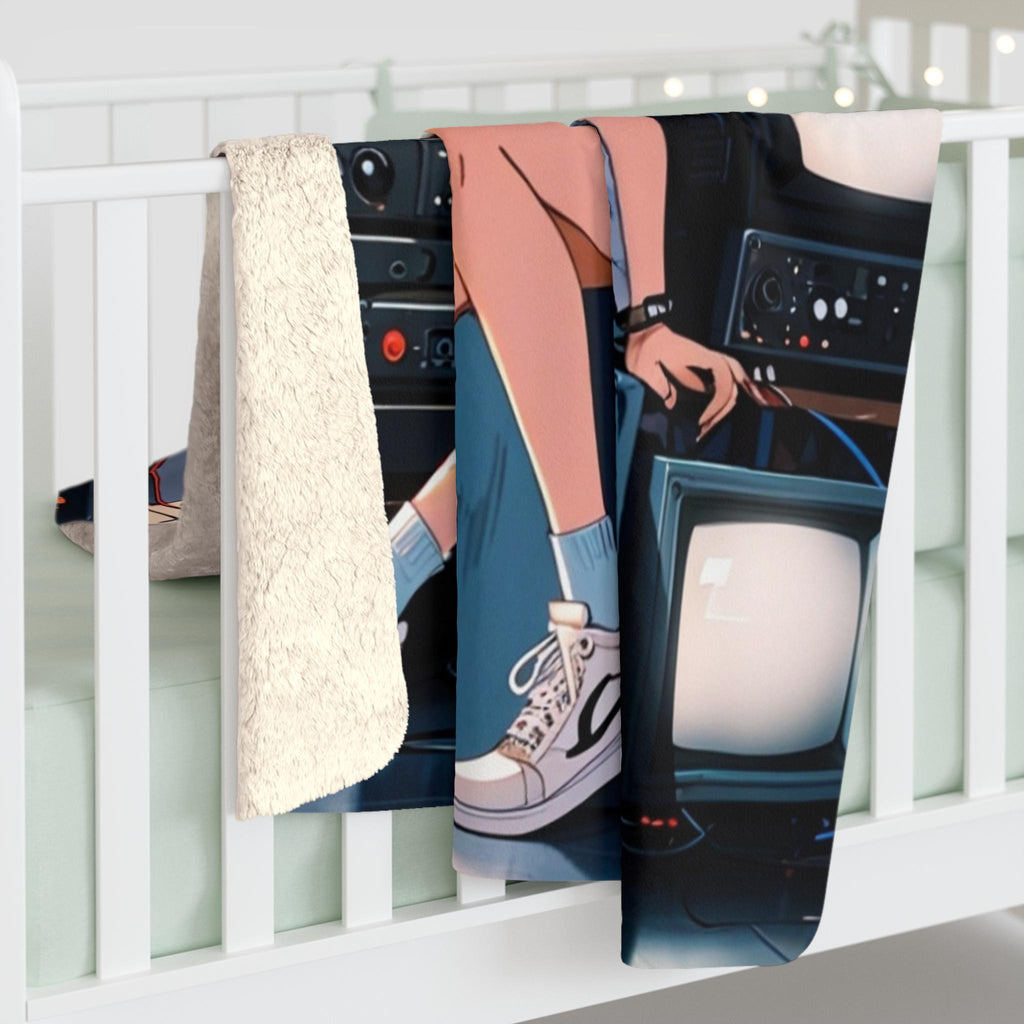 Retro Tech Anime Girl Sherpa Blanket Cozy 90s Aesthetic Gift for Anime Fans and Gamers