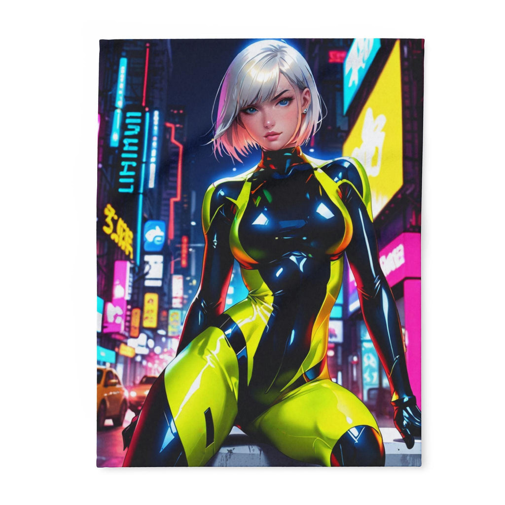 Cyberpunk Anime Girl Fleece Blanket Neon Techwear Art Throw Gift for Gamers and Anime Fans