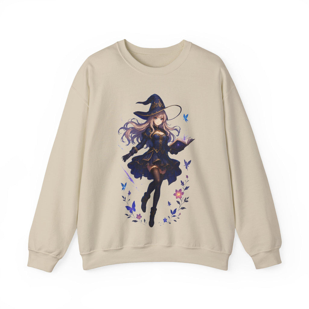 Anime Witch Girl Sweatshirt Purple Magic Butterfly Design Cozy Kawaii Fall Witchcore Gift for Anime Lovers and Gamers