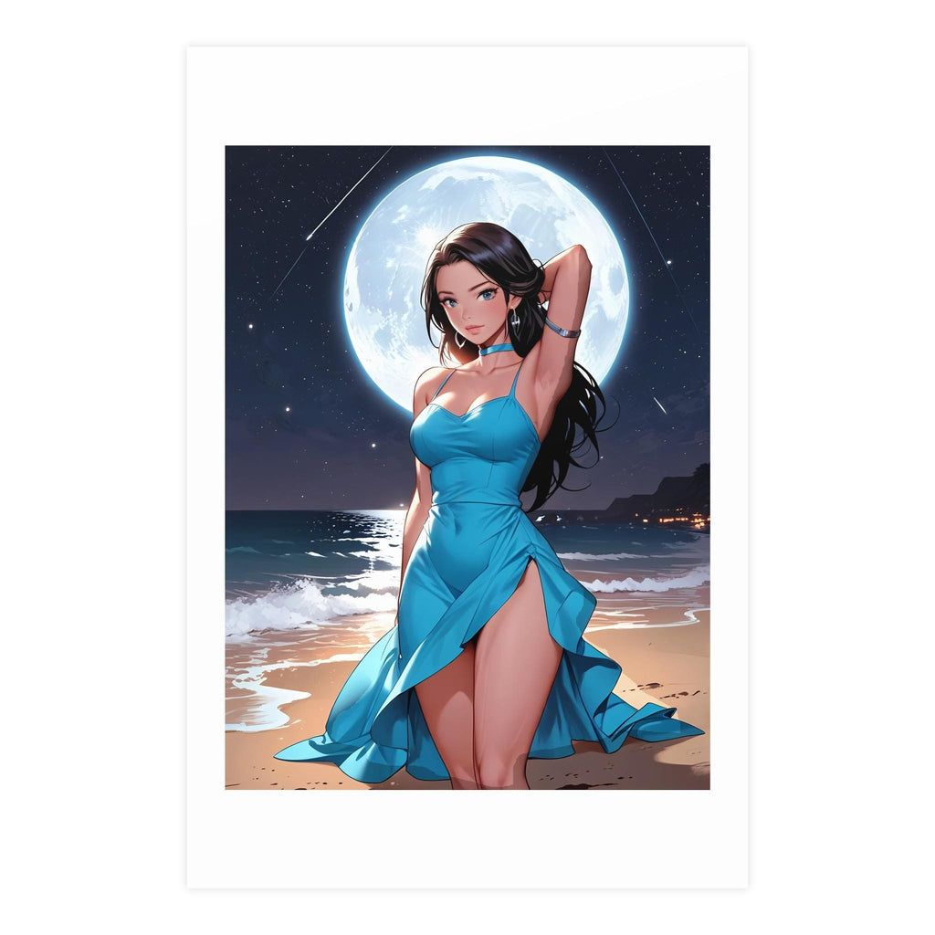 Anime Girl Poster Moonlight Ocean Scene Blue Dress Aesthetic Romantic Night Beach Wall Art Gift for Anime Lovers and Fans