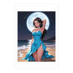 Anime Girl Poster Moonlight Ocean Scene Blue Dress Aesthetic Romantic Night Beach Wall Art Gift for Anime Lovers and Fans
