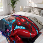 Anime Fleece Blanket Cyberpunk Girl Red Suit Neon Street Art Cozy Techwear Throw Gift for Gamers and Anime Lovers
