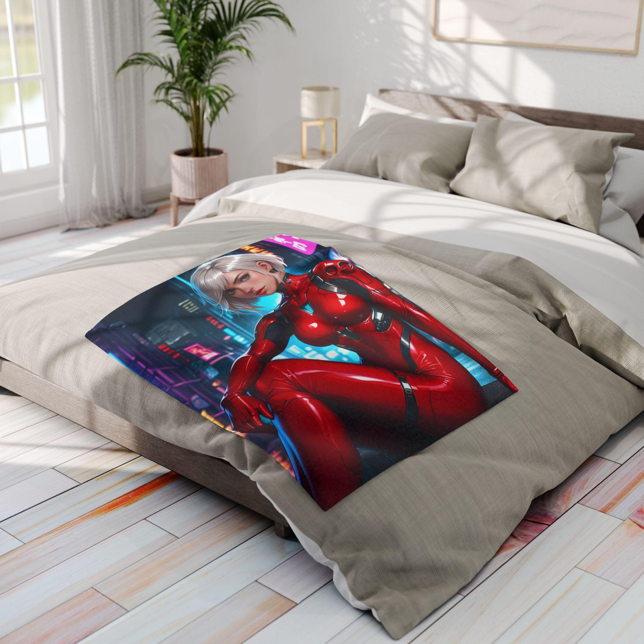 Anime Fleece Blanket Cyberpunk Girl Red Suit Neon Street Art Cozy Techwear Throw Gift for Gamers and Anime Lovers