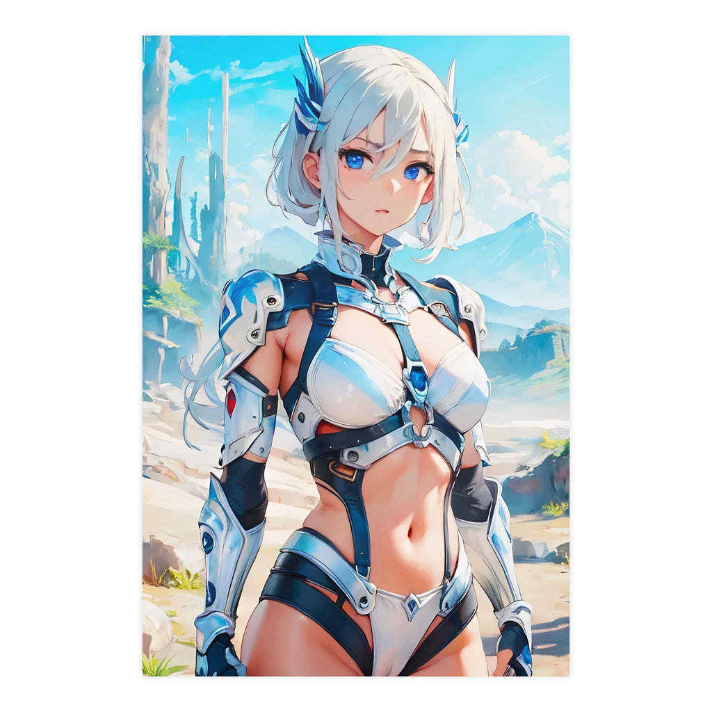 Futuristic Anime Girl Poster Sci-Fi Warrior Wall Art Blue Eyed Heroine Cyber Armor Print Gift for Anime Fans and Collectors