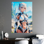 Futuristic Anime Girl Poster Sci-Fi Warrior Wall Art Blue Eyed Heroine Cyber Armor Print Gift for Anime Fans and Collectors
