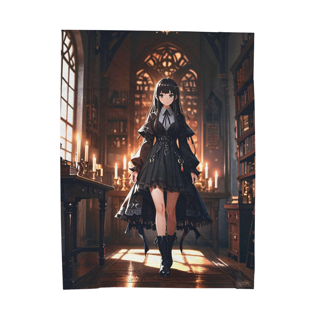 Gothic Anime Girl Blanket Cozy Fleece Throw Dark Academia Library Art Gift for Anime Lovers and Otaku Fans