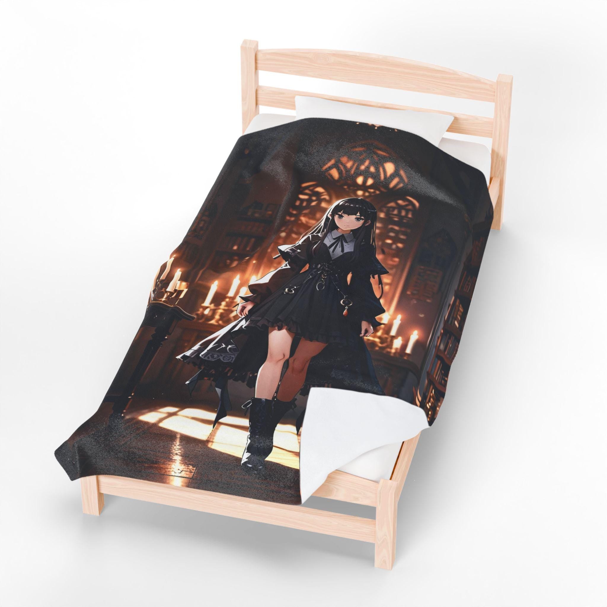 Gothic Anime Girl Blanket Cozy Fleece Throw Dark Academia Library Art Gift for Anime Lovers and Otaku Fans