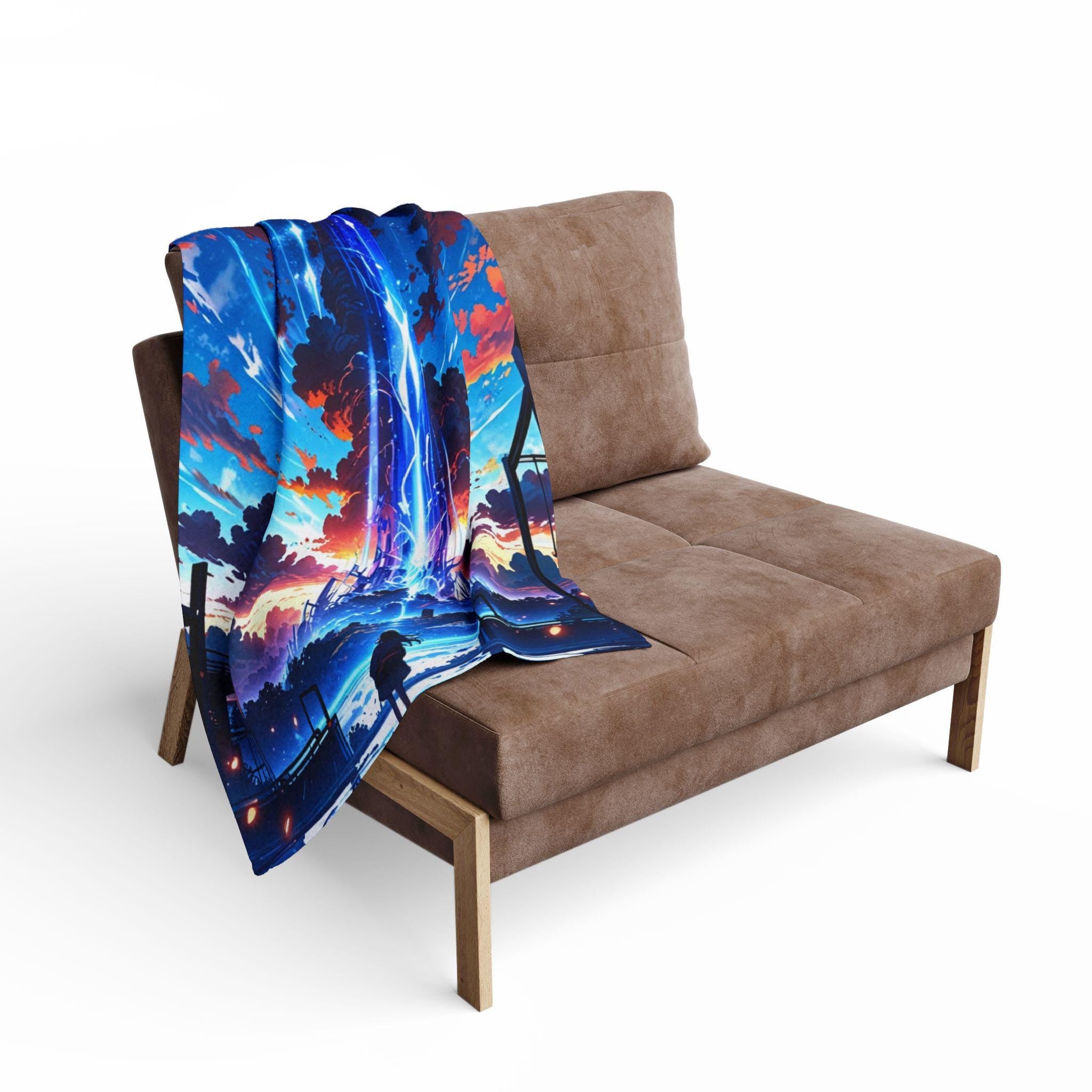 Anime Fleece Blanket Sci-Fi Tower Skybeam Throw Cyber Fantasy Art Gift for Otaku and Anime Room Decor