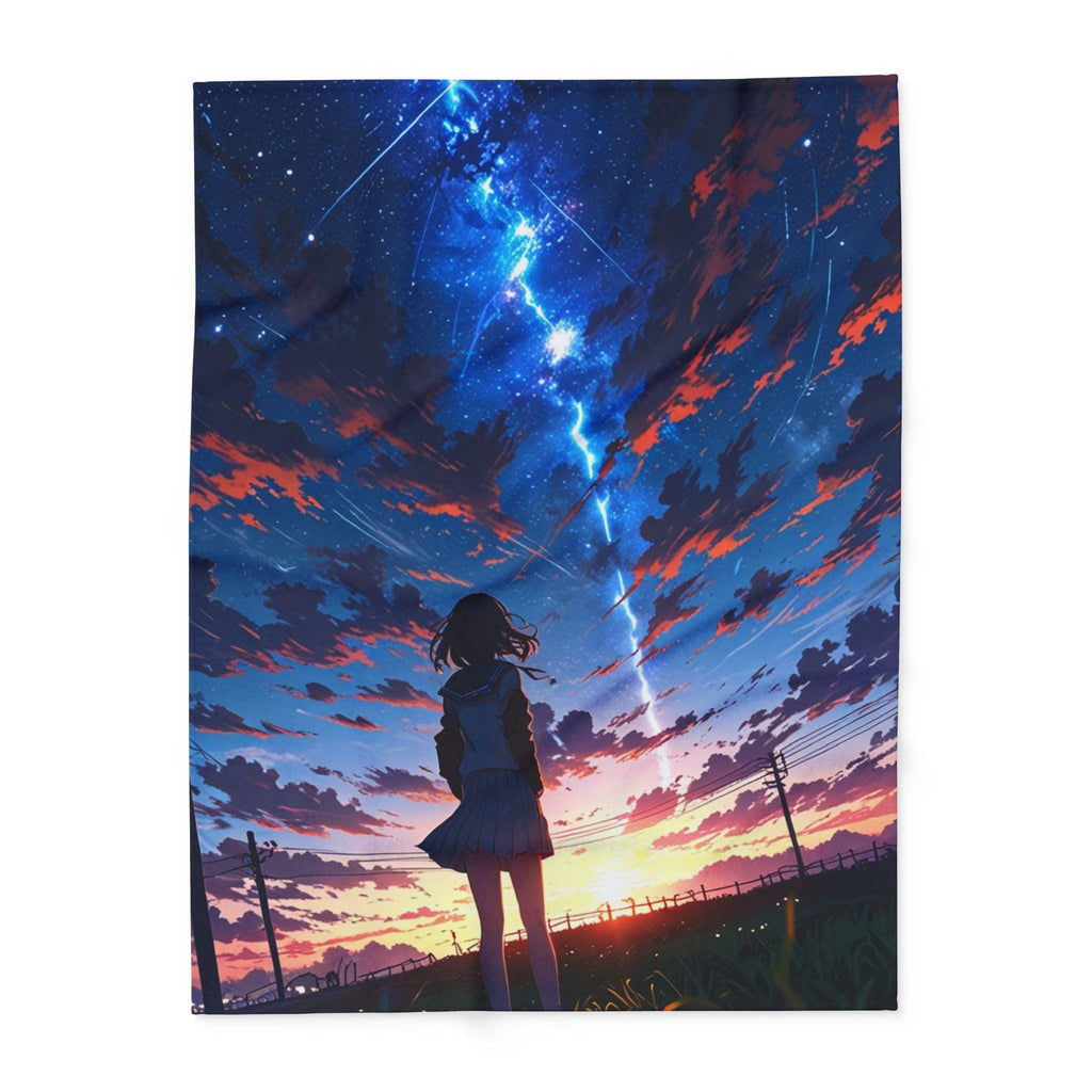 Anime Girl Sunset Fleece Blanket Stargazing Throw Cozy Otaku Gift for Anime Fans and Room Aesthetic