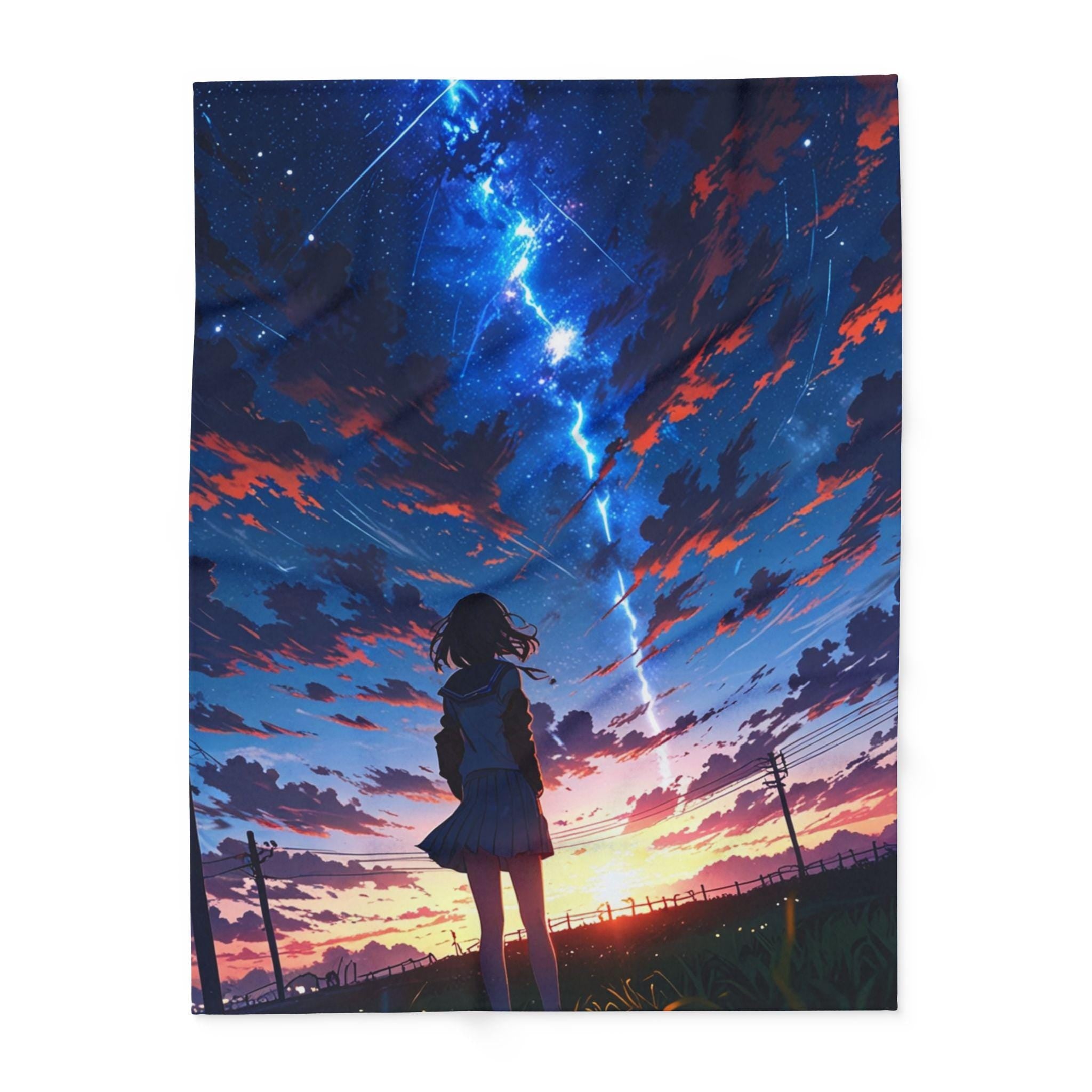 Anime Girl Sunset Fleece Blanket Stargazing Throw Cozy Otaku Gift for Anime Fans and Room Aesthetic