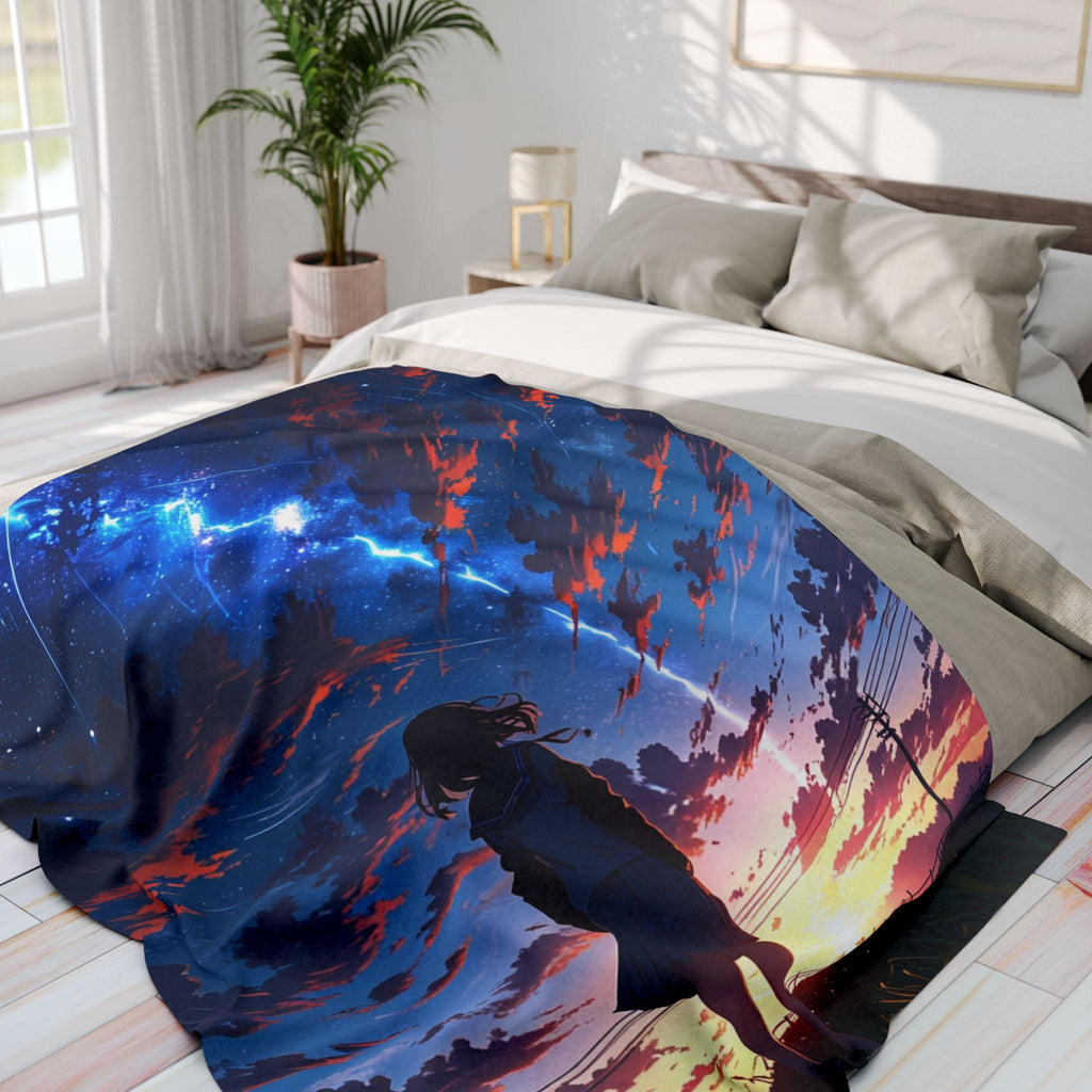 Anime Girl Sunset Fleece Blanket Stargazing Throw Cozy Otaku Gift for Anime Fans and Room Aesthetic