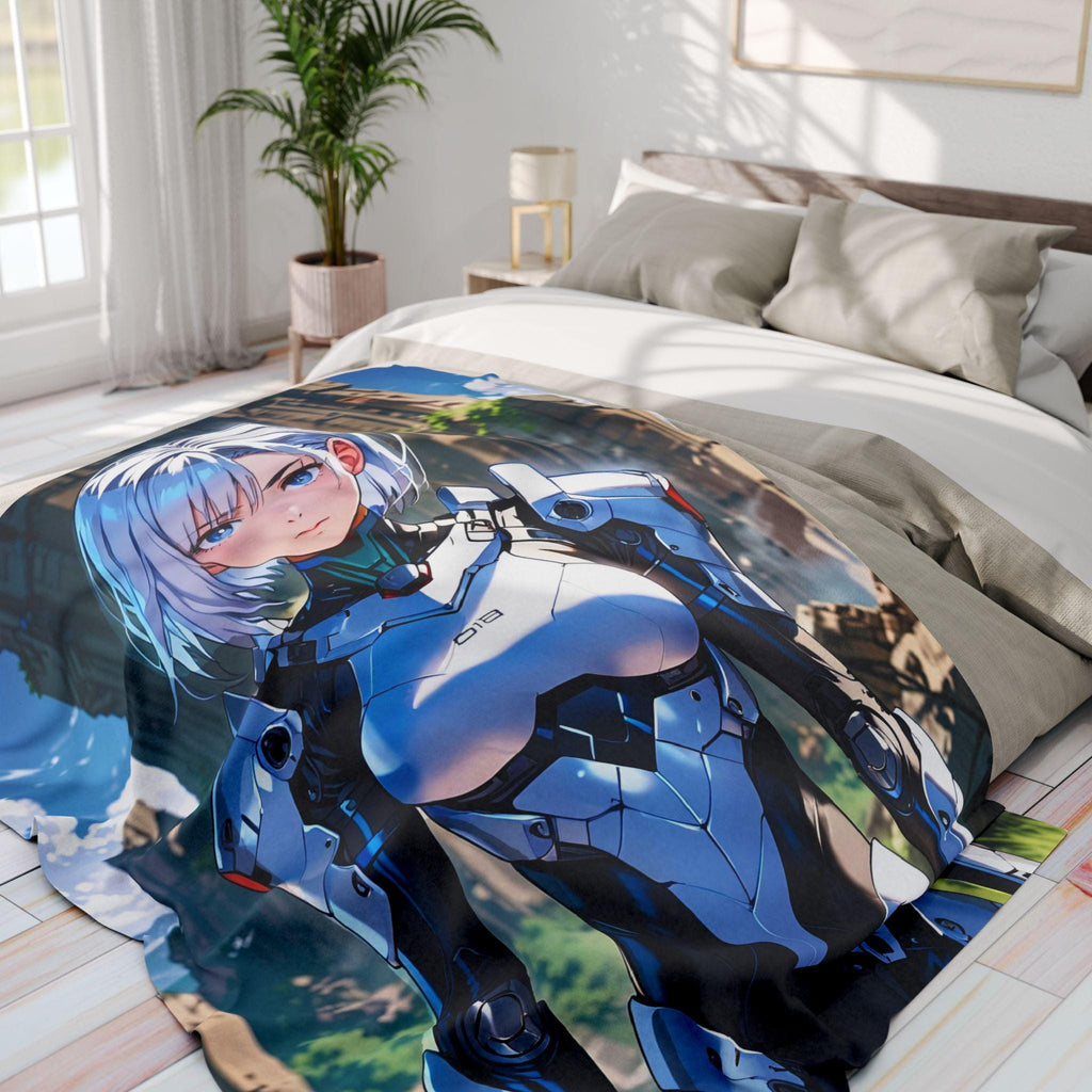 Futuristic Anime Girl Blanket, Silver-Haired Warrior Fleece Throw | Sci-Fi Armor Mecha Style Art | Gamer Room Bedding | Epic Anime Apparel