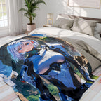 Futuristic Anime Girl Blanket, Silver-Haired Warrior Fleece Throw | Sci-Fi Armor Mecha Style Art | Gamer Room Bedding | Epic Anime Apparel