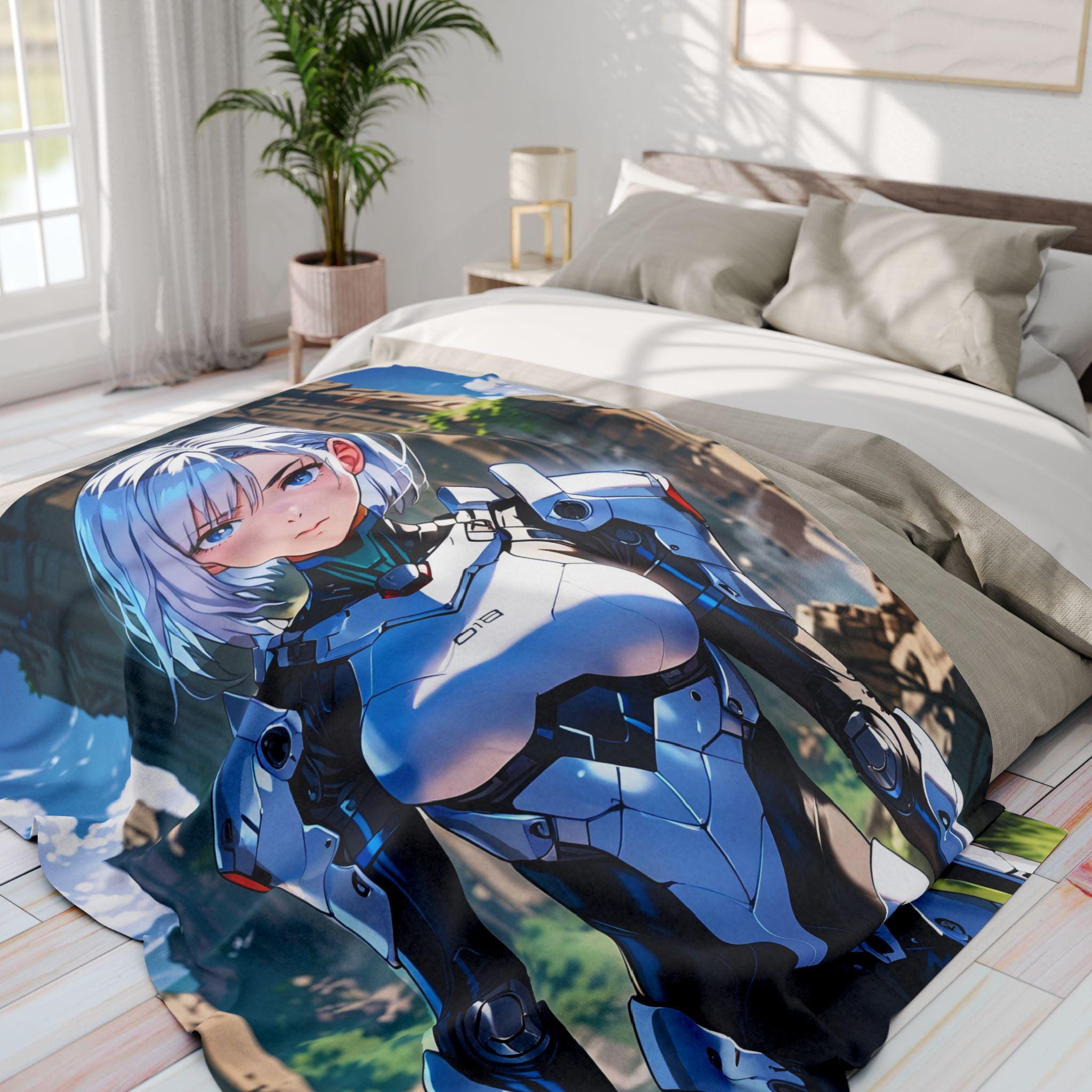 Futuristic Anime Girl Blanket, Silver-Haired Warrior Fleece Throw | Sci-Fi Armor Mecha Style Art | Gamer Room Bedding | Epic Anime Apparel