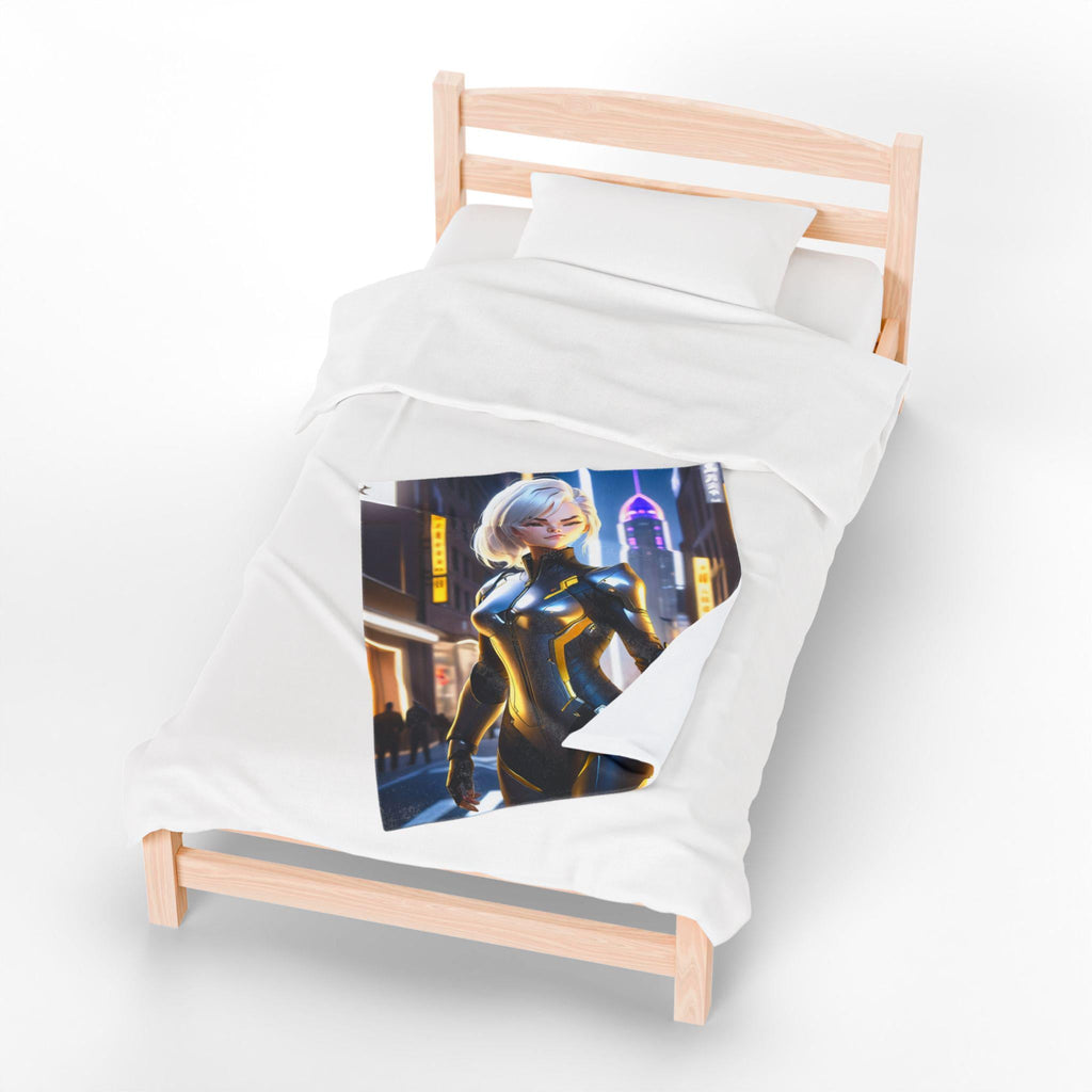 Cyberpunk Blonde Anime Girl Blanket Black Gold Suit Fleece Throw Futuristic Gift for Gamers and Otaku Fans