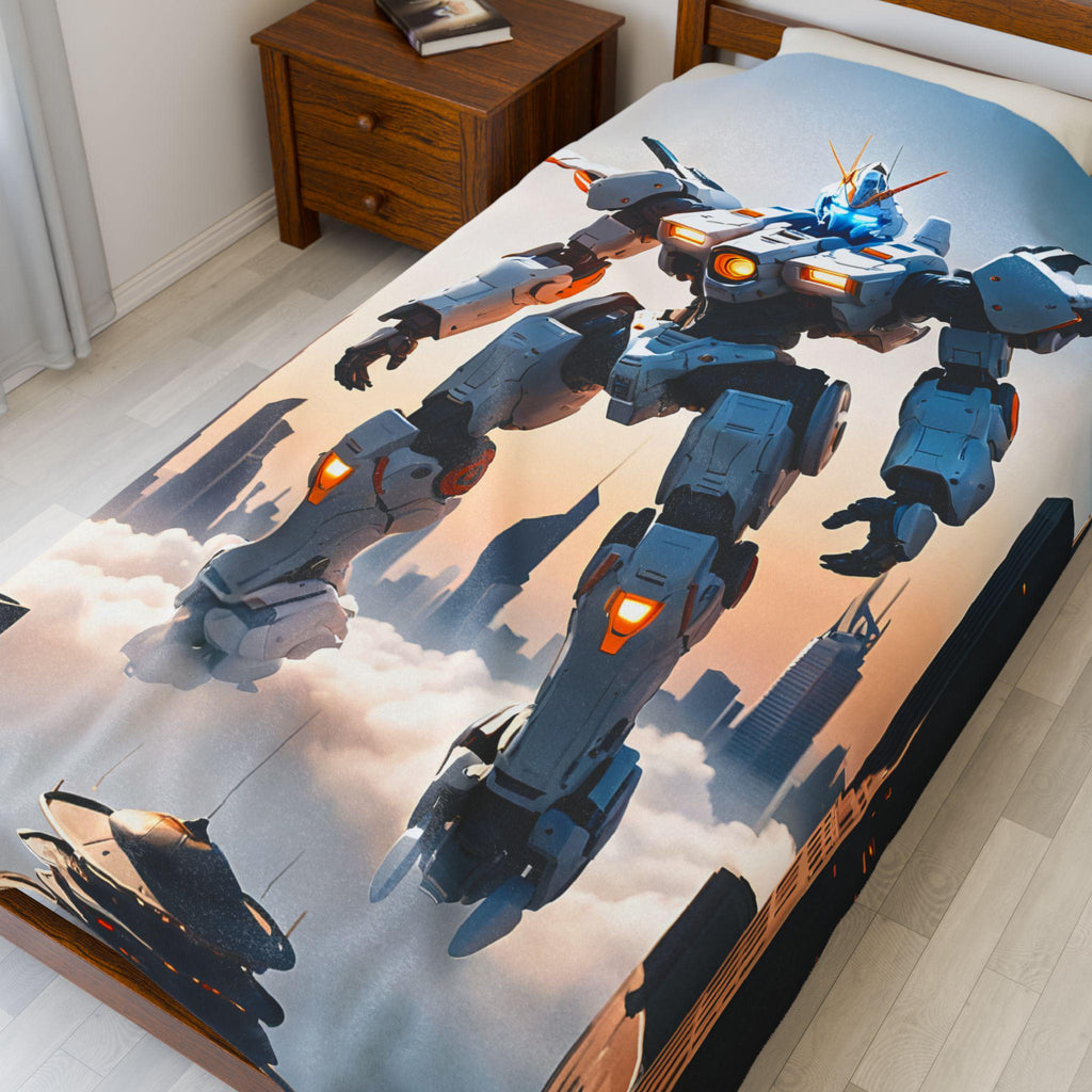 Mecha Robot Anime Blanket White Futuristic Mech Fleece Throw Gundam Style Sci-Fi Gift for Otaku and Gamers