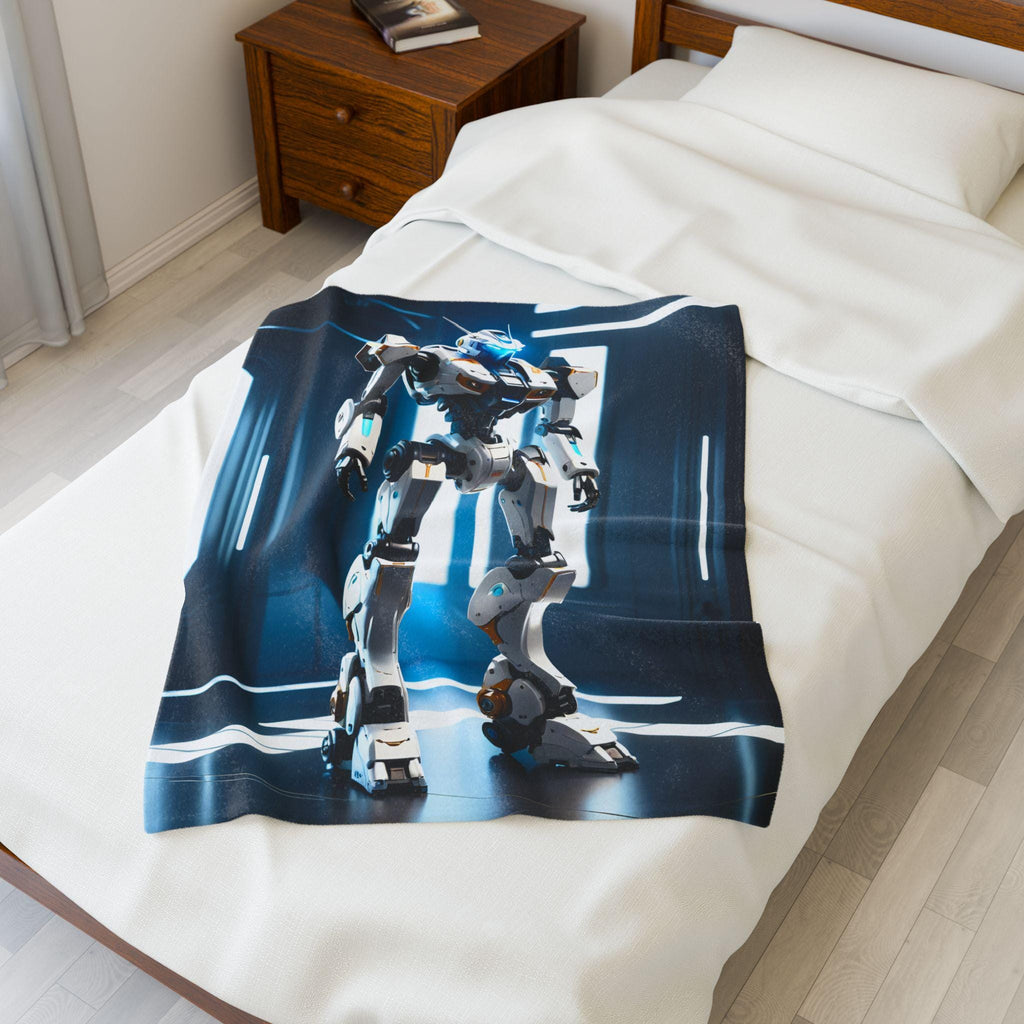 Futuristic Mecha Robot Blanket Sci-Fi Anime Fleece Throw White Tech Mech Gift for Gamers and Otaku