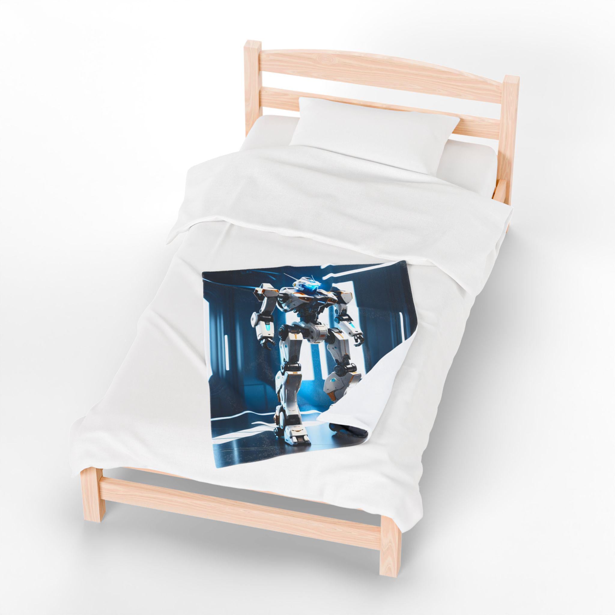 Futuristic Mecha Robot Blanket Sci-Fi Anime Fleece Throw White Tech Mech Gift for Gamers and Otaku