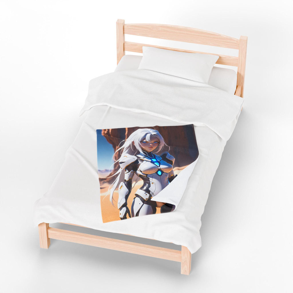 Sci-Fi Anime Girl Blanket Futuristic Fleece Throw Desert Warrior Armor Blue Glow Gift for Gamers and Otaku