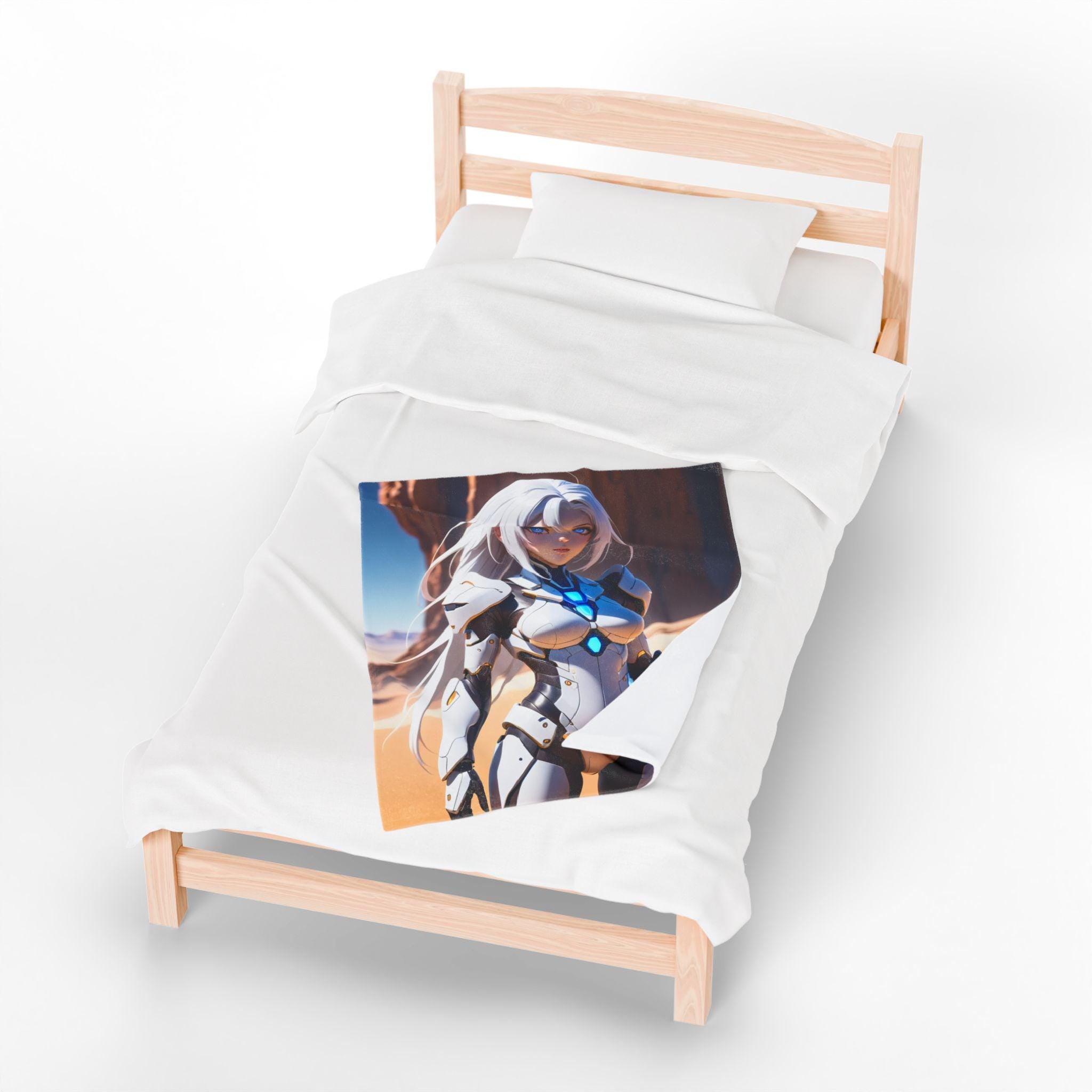 Sci-Fi Anime Girl Blanket Futuristic Fleece Throw Desert Warrior Armor Blue Glow Gift for Gamers and Otaku