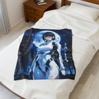 Cyberpunk Anime Girl Fleece Blanket Futuristic Moon Warrior Cool Gamer Gift Soft Cozy Sci-Fi Room Decor Epic Anime Apparel