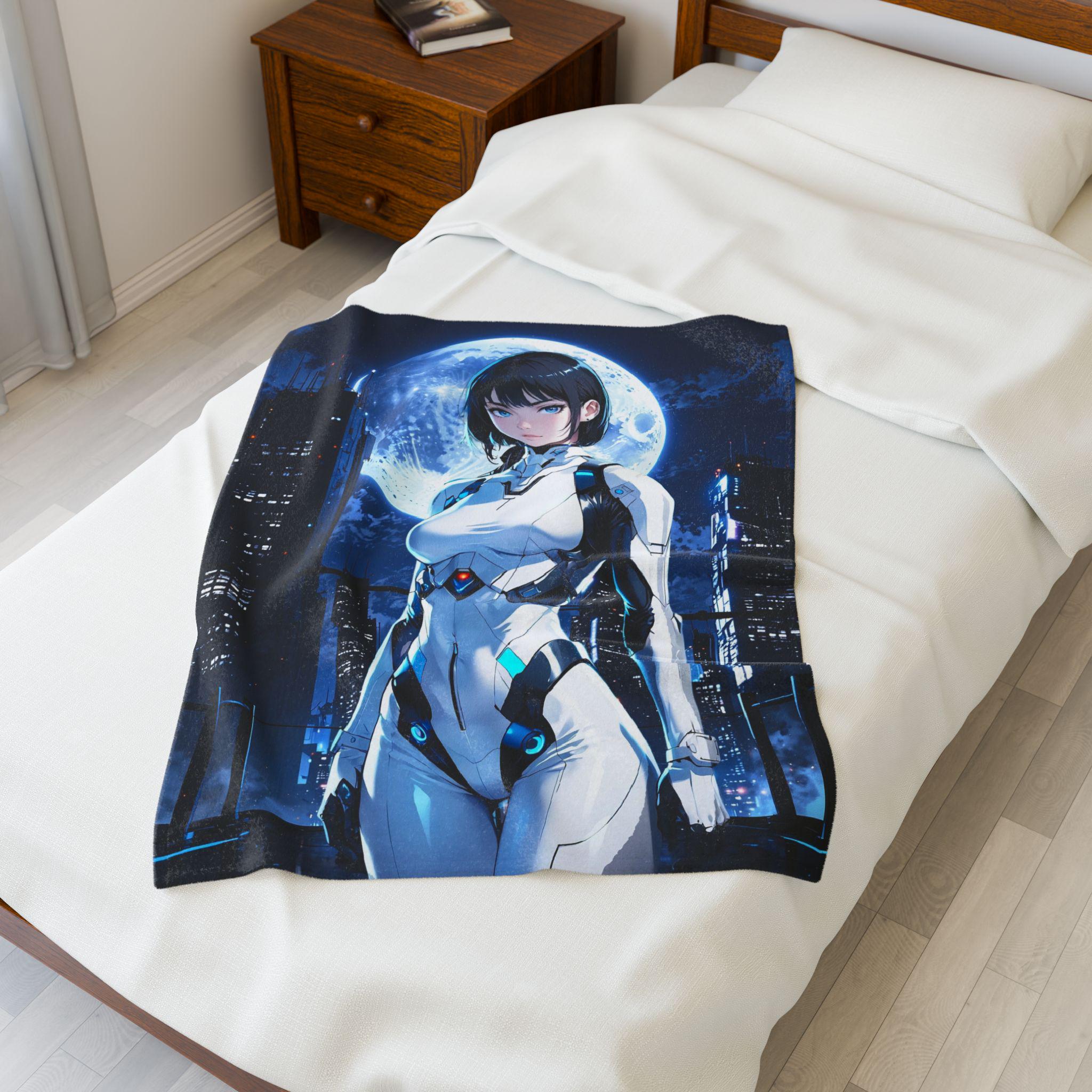 Cyberpunk Anime Girl Fleece Blanket Futuristic Moon Warrior Cool Gamer Gift Soft Cozy Sci-Fi Room Decor Epic Anime Apparel