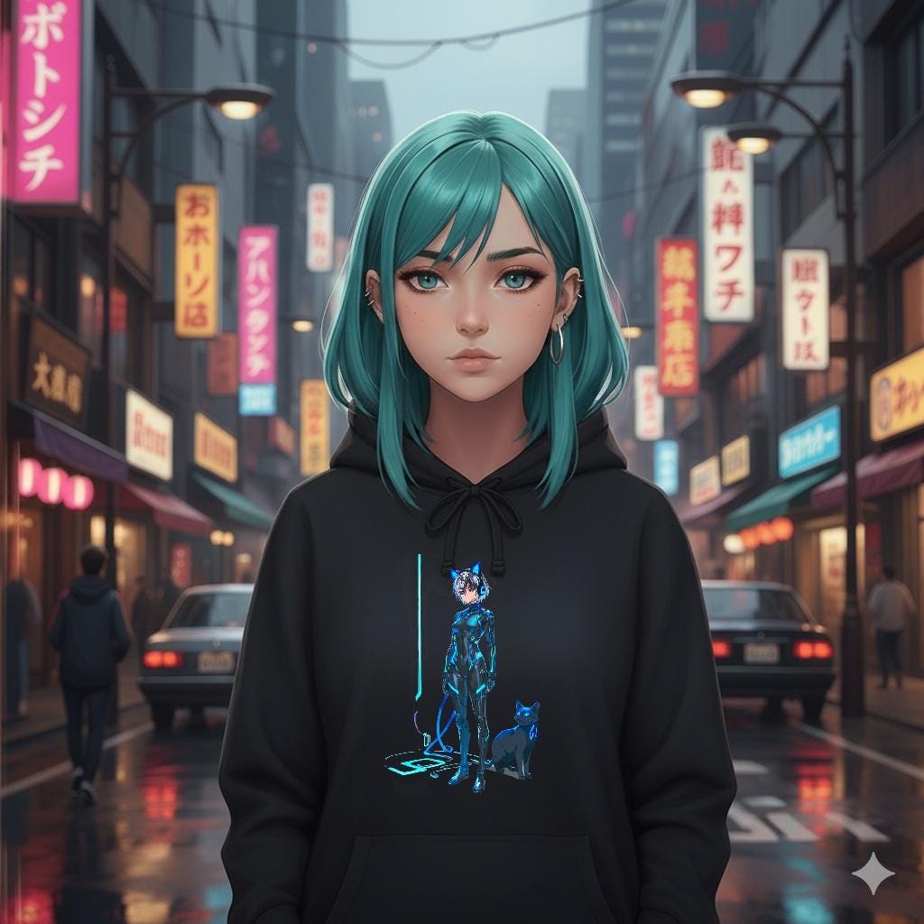 Cyberpunk Cat Girl Hoodie Neon Blue Techwear Streetwear Futuristic Anime Gamer Gift for Cat Lovers