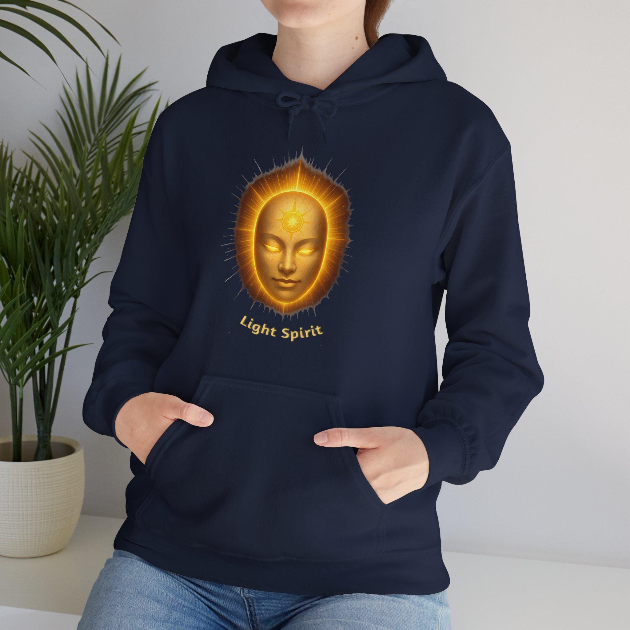 Light Spirit Hoodie Golden Mask Glow Streetwear Spiritual Anime Aesthetic Pullover Gift for Fans of Symbolic Art