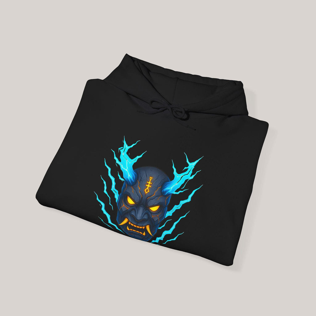 Thunder Spirit Hoodie Anime Oni Mask Electric Blue Lightning Gift for Gamers and Anime Fans