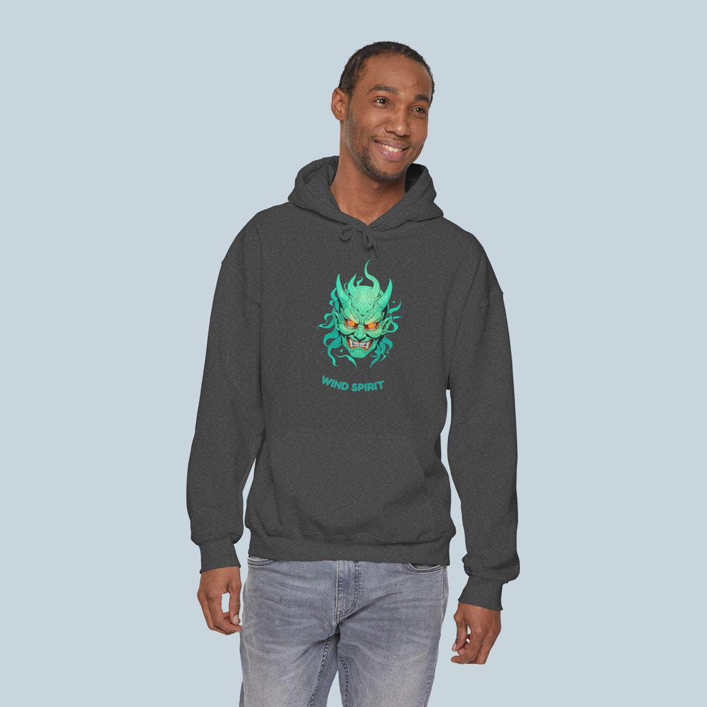 Wind Spirit Oni Mask Hoodie Anime Streetwear Green Glow Japanese Demon Mask Pullover Hoodie Gift for Anime Fans and Gamers