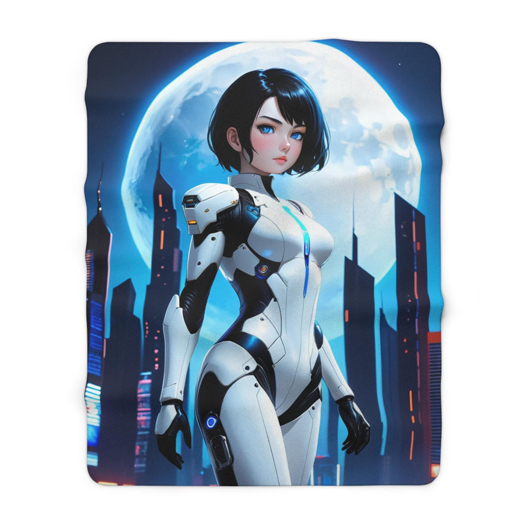 Cyberpunk Anime Girl Sherpa Blanket Futuristic Moon Warrior Soft Warm Gift for Anime Lovers Techwear Bedroom Decor