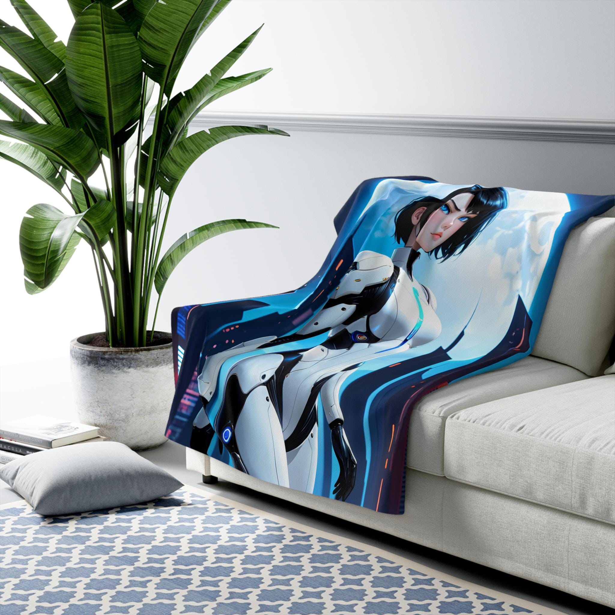Cyberpunk Anime Girl Sherpa Blanket Futuristic Moon Warrior Soft Warm Gift for Anime Lovers Techwear Bedroom Decor