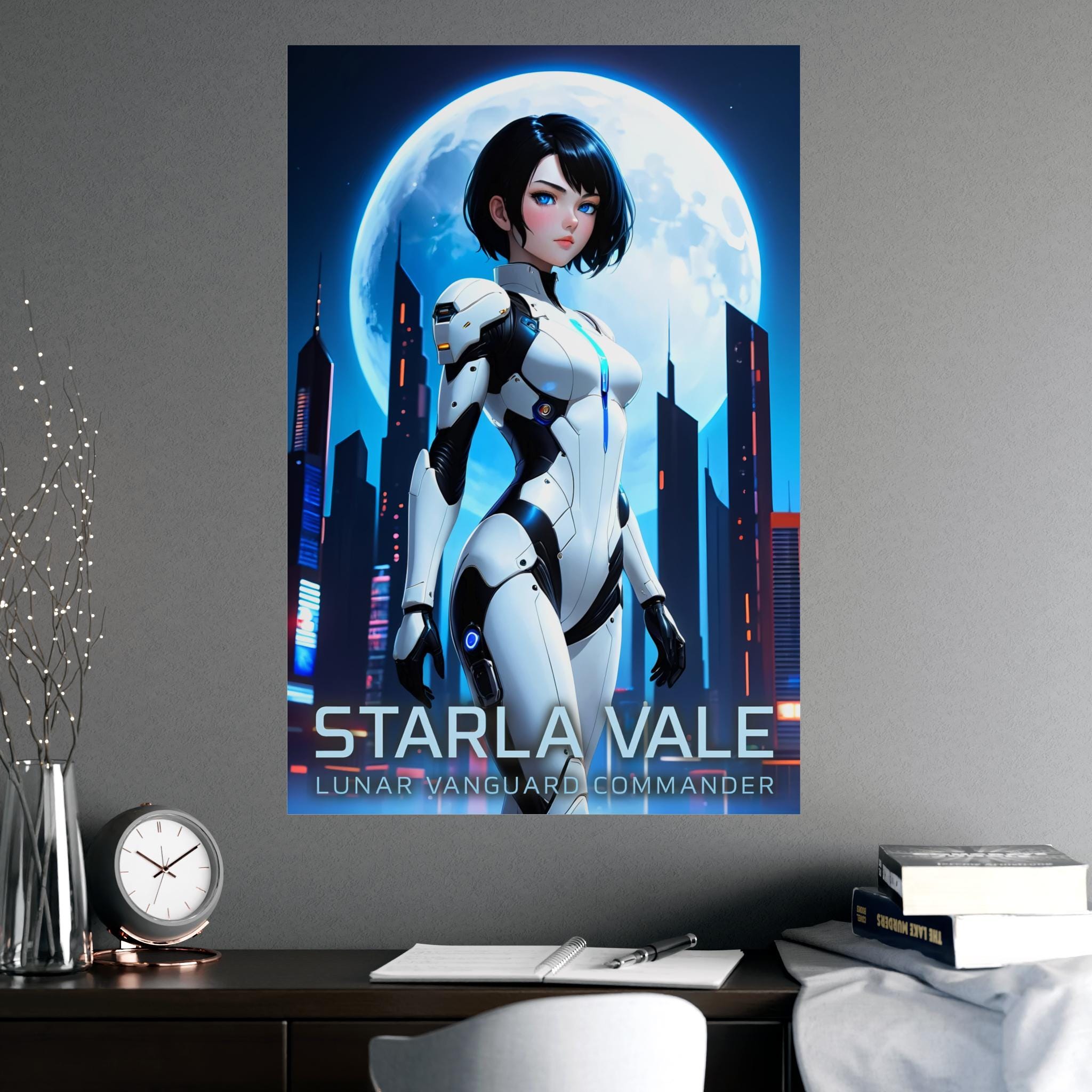Starla Vale Sci-Fi Anime Poster Futuristic Cyber Hero Girl Wall Art Lunar City Print for Gamers and Anime Lovers Bedroom or Office Decor