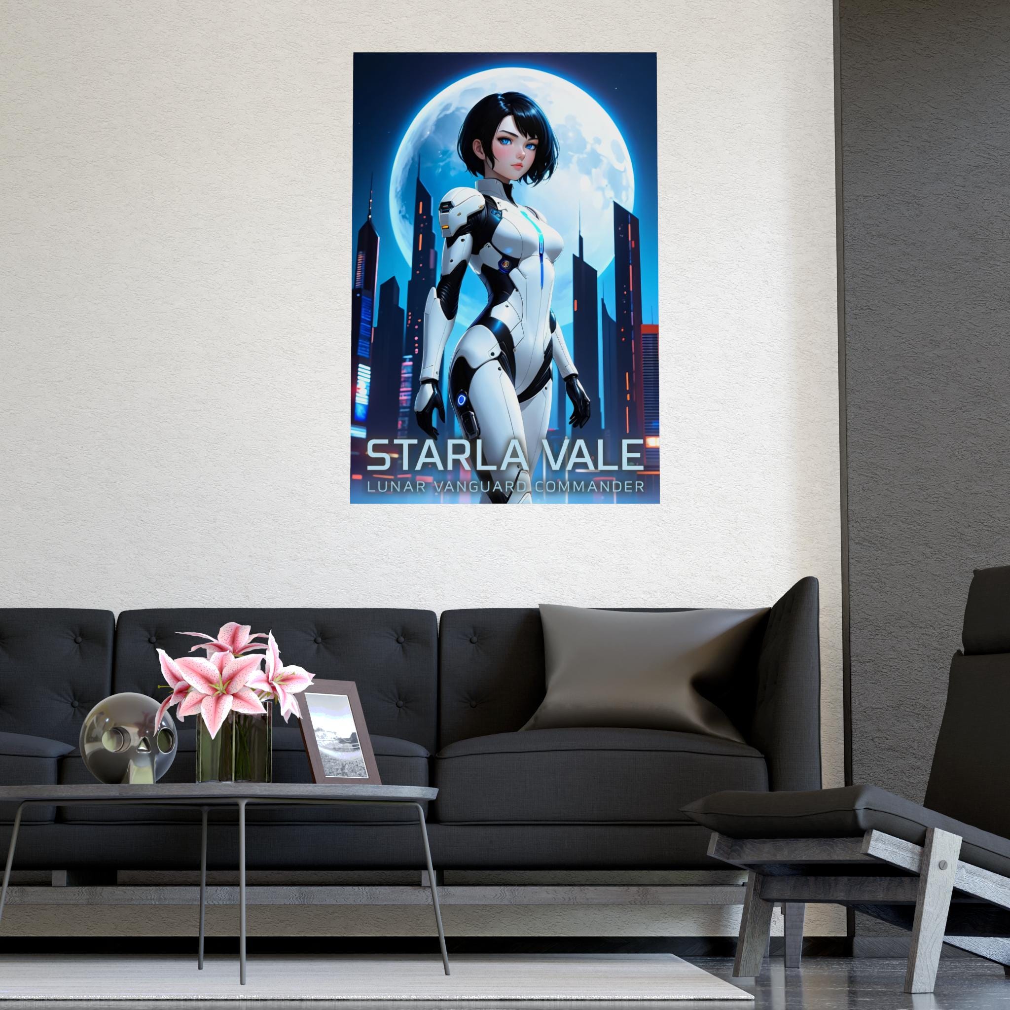 Starla Vale Sci-Fi Anime Poster Futuristic Cyber Hero Girl Wall Art Lunar City Print for Gamers and Anime Lovers Bedroom or Office Decor