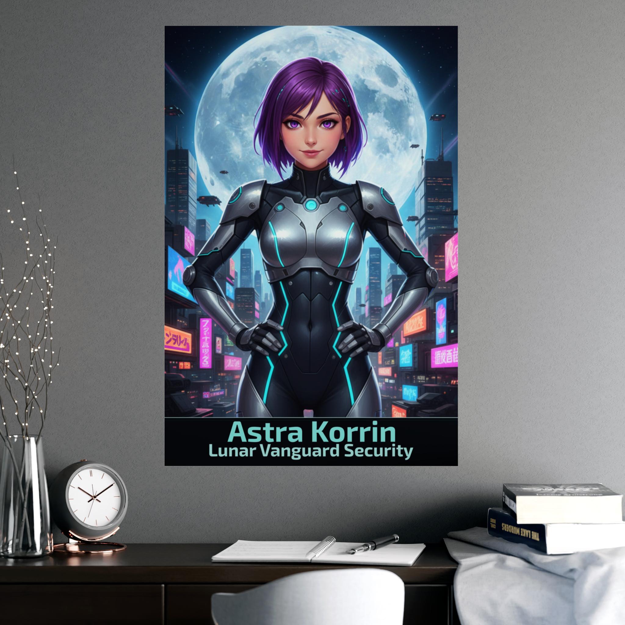 Astra Korrin Anime Poster Cyberpunk Security Girl Lunar City Wall Art Techwear Gift for Anime Fans and Gamers