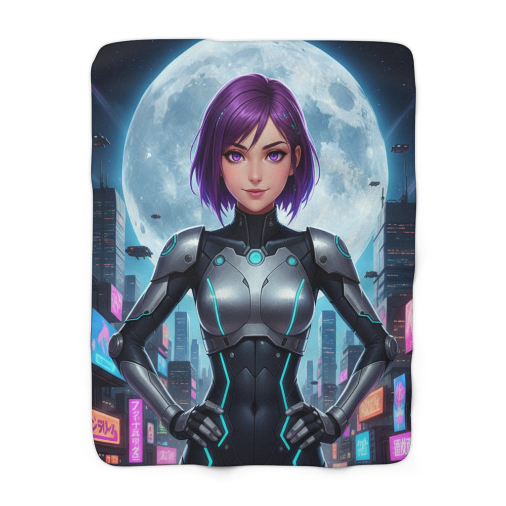 Astra Korrin Anime Blanket Cyberpunk Girl Sherpa Throw Futuristic Techwear Gift for Gamers and Anime Fans