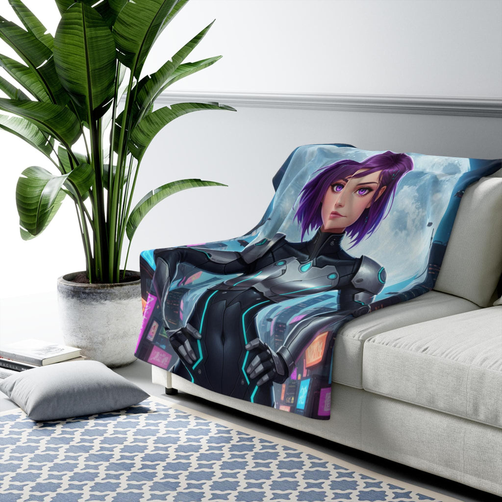 Astra Korrin Anime Blanket Cyberpunk Girl Sherpa Throw Futuristic Techwear Gift for Gamers and Anime Fans