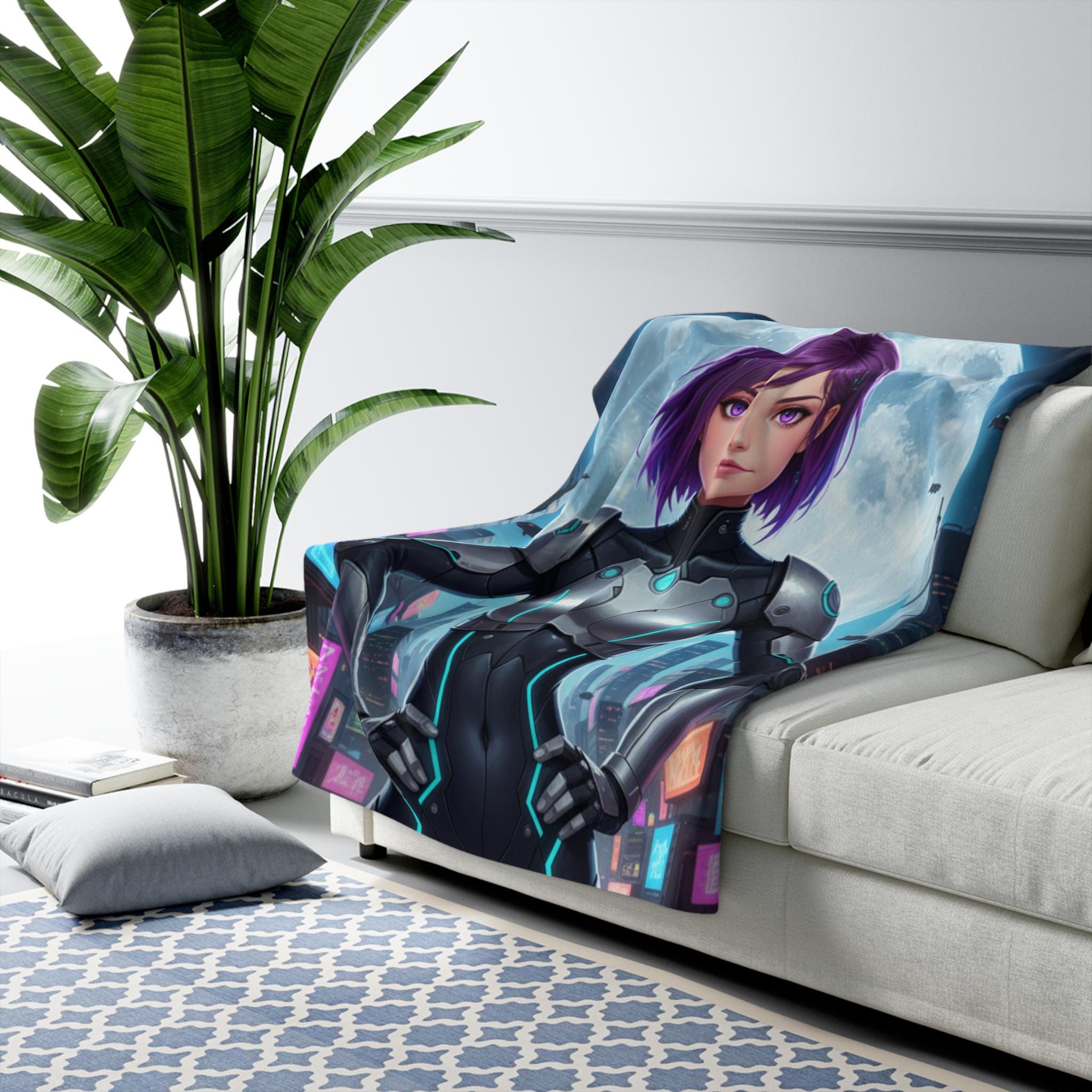 Astra Korrin Anime Blanket Cyberpunk Girl Sherpa Throw Futuristic Techwear Gift for Gamers and Anime Fans
