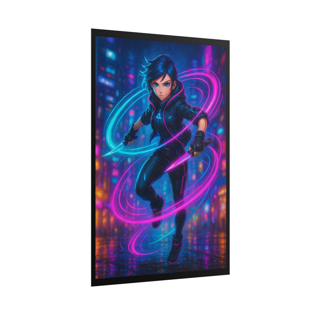 Neon Knife Assassin Anime Poster Cyberpunk Girl Wall Art for Gamers Techwear Decor Futuristic Blade Warrior Print