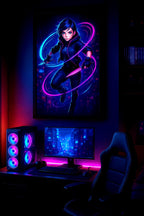 Neon Knife Assassin Anime Poster Cyberpunk Girl Wall Art for Gamers Techwear Decor Futuristic Blade Warrior Print