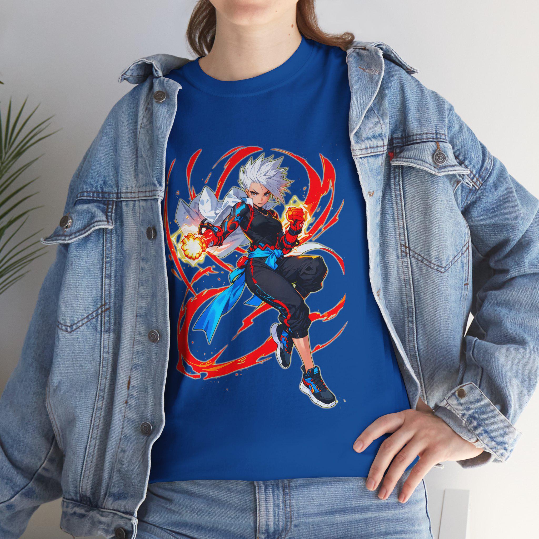 Fire Anime Fighter T-Shirt Neon Glow Power Pose Streetwear Gift for Anime Fans and Gamers