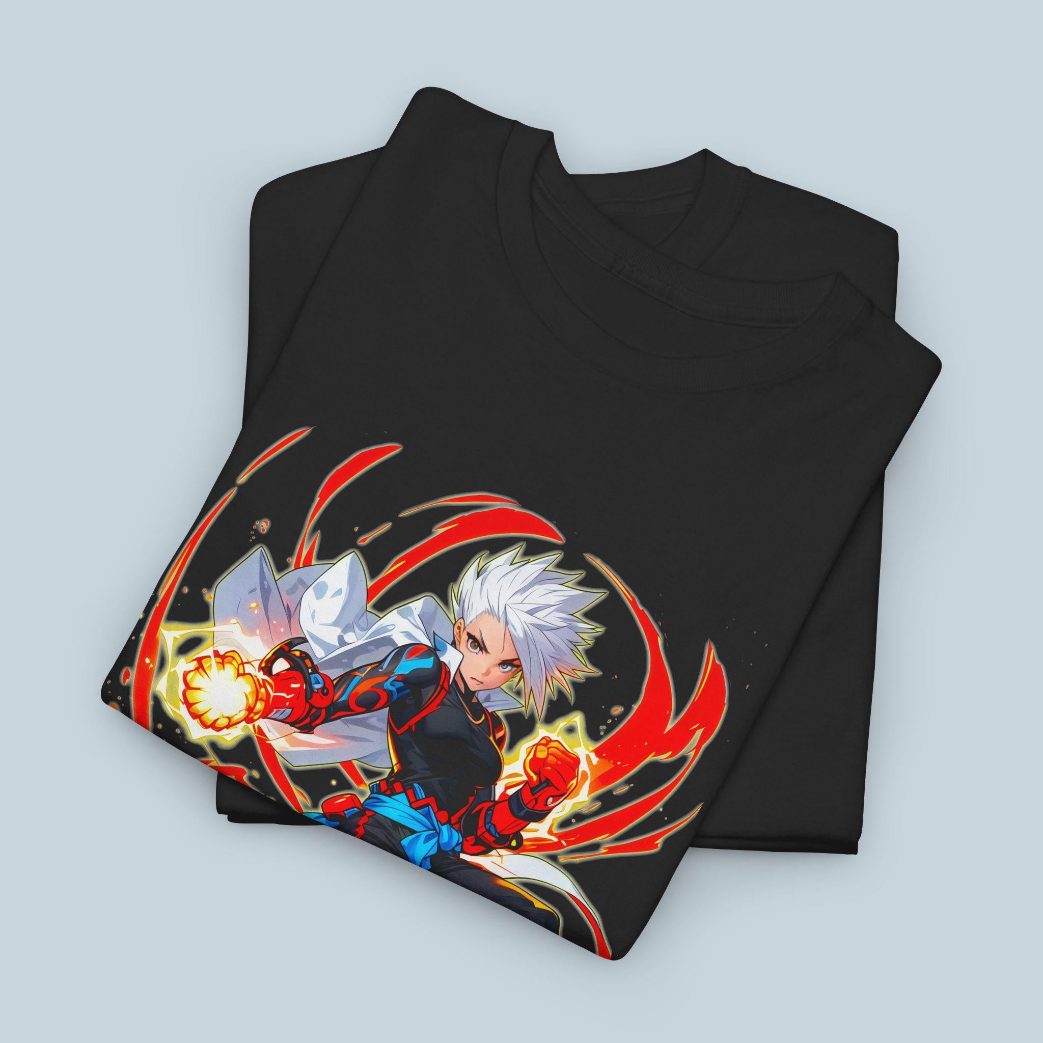 Fire Anime Fighter T-Shirt Neon Glow Power Pose Streetwear Gift for Anime Fans and Gamers