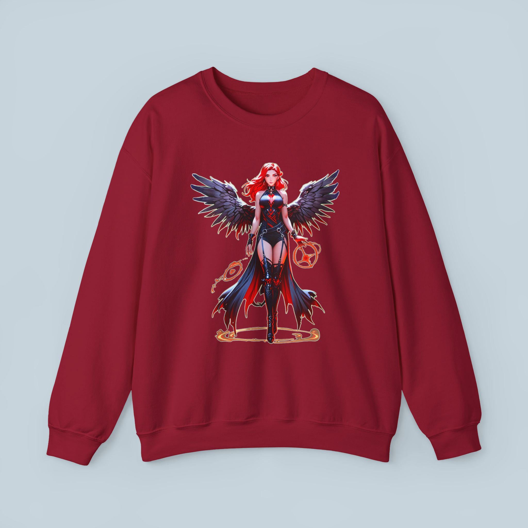 Anime Dark Sorceress Sweatshirt Red Winged Mage Crewneck Gothic Fantasy Girl Gift for Anime Fans and Gamers